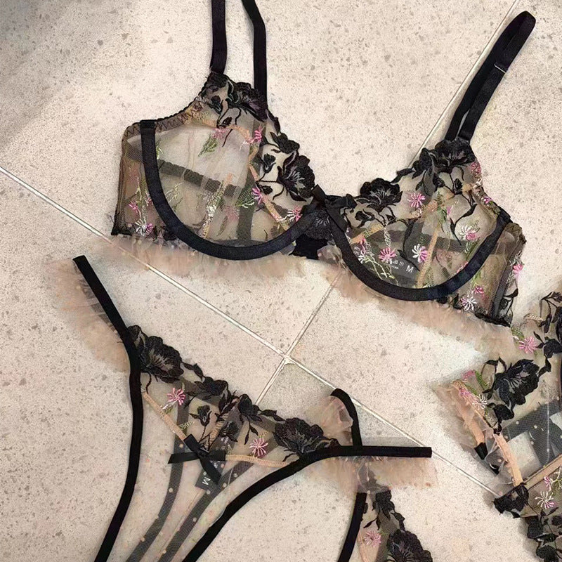 Clashing Floral Embroidered Lingerie Set With Push Up Bra And Matching Panty