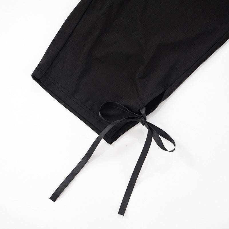 Black Two Piece Set With Bow Tie Halter Top And Capri Leggings Retro Cord Detailing