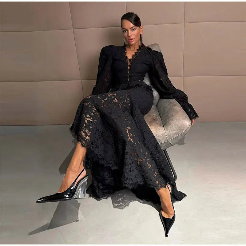 Delicate Lace V-Neck Peplum Top With Flare Sleeves And High Waist Mermaid Hem Elegant Evening Set