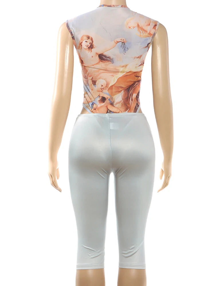 Vibrant Colorful Print Two Piece Summer Set With Sleeveless Bodysuits And Peach Shorts