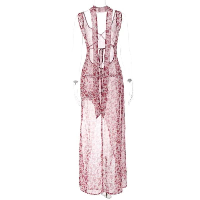 Floral Lace Up Chiffon Maxi Dress With Side Slit Backless