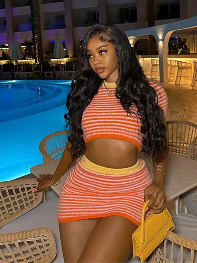 Crochet Stripe Two Piece Set With O Neck Crop Top And Skirt
