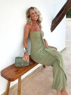 Patchwork Strapless Dress With Ruched Ribbon