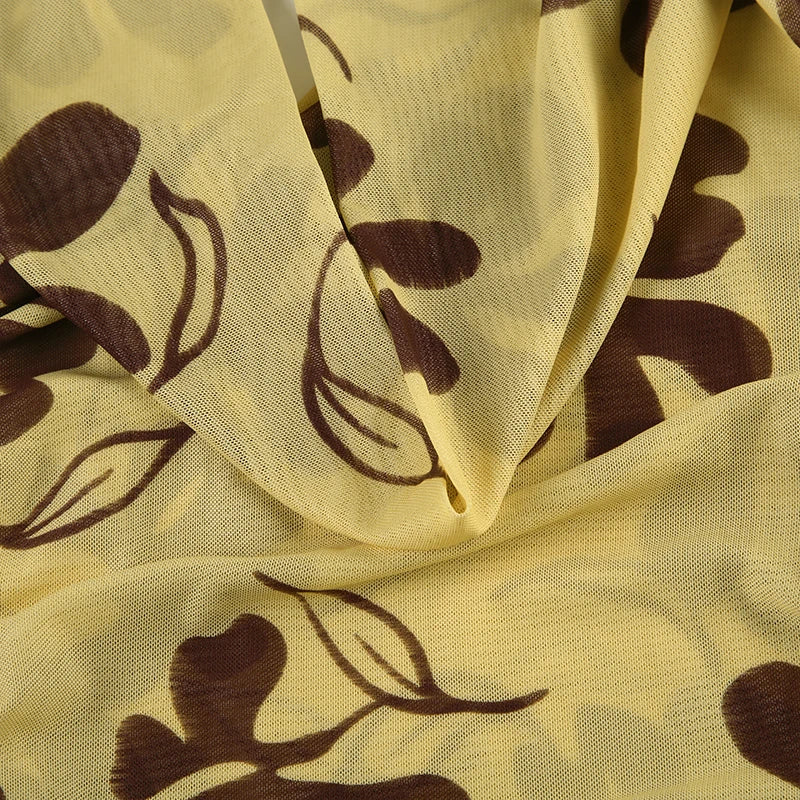Butter Yellow Printed Lace Up Halter Backless Mini Dress