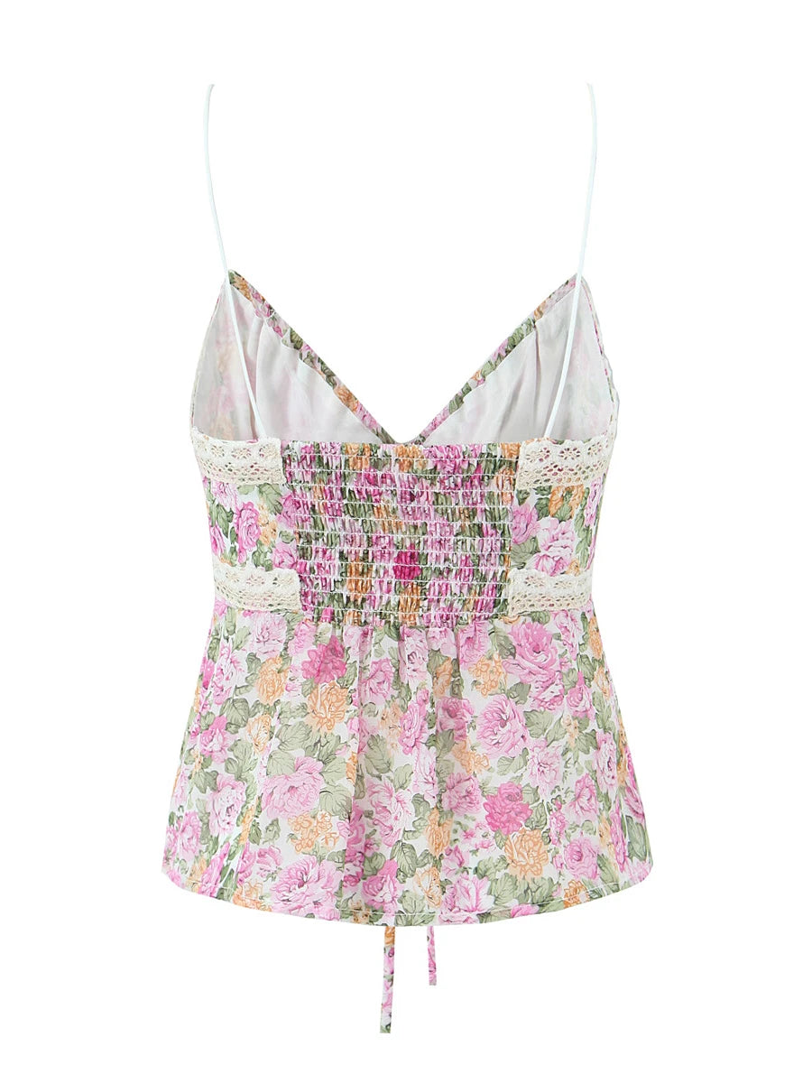 Floral Print Chiffon Sexy Backless Slim Super Short Lace Camis Top