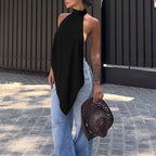 Backless Hollow Out Halter Tank Top With Pleated Detail