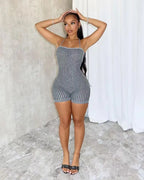 Backless Striped Knit Romper With Bandage Flattering Fit