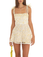 Double Layer Backless Cami Dress With Floral Print And Tie Up Shoulder Straps Mini Length