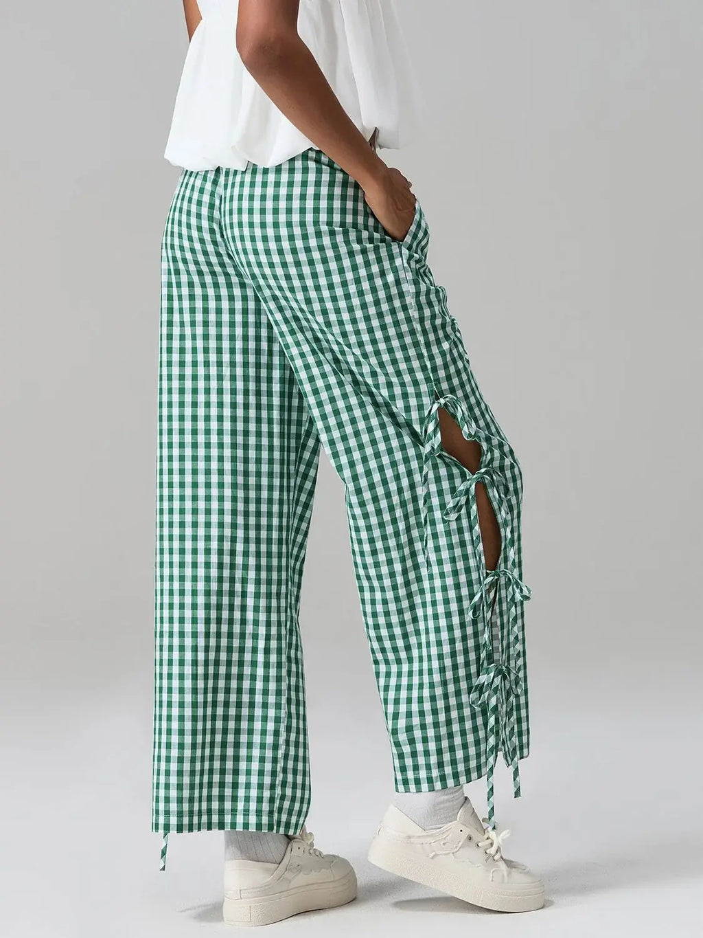 Plaid Wide Leg Pants With Side Tie Hollow Out Detail Loose Fit Trousers