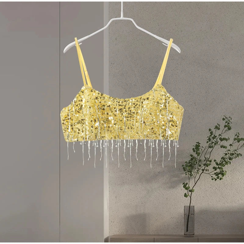 Beaded Sequin Two Piece Set Sleeveless Backless Crop Top And Mini Skirt Glam Outfit