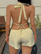 Striped Two Piece Halter Set With Backless Top And Shorts