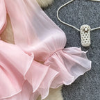 Boho 3D Floral Chiffon Sundress With Long Sleeves Lace Up Ruffle Detail