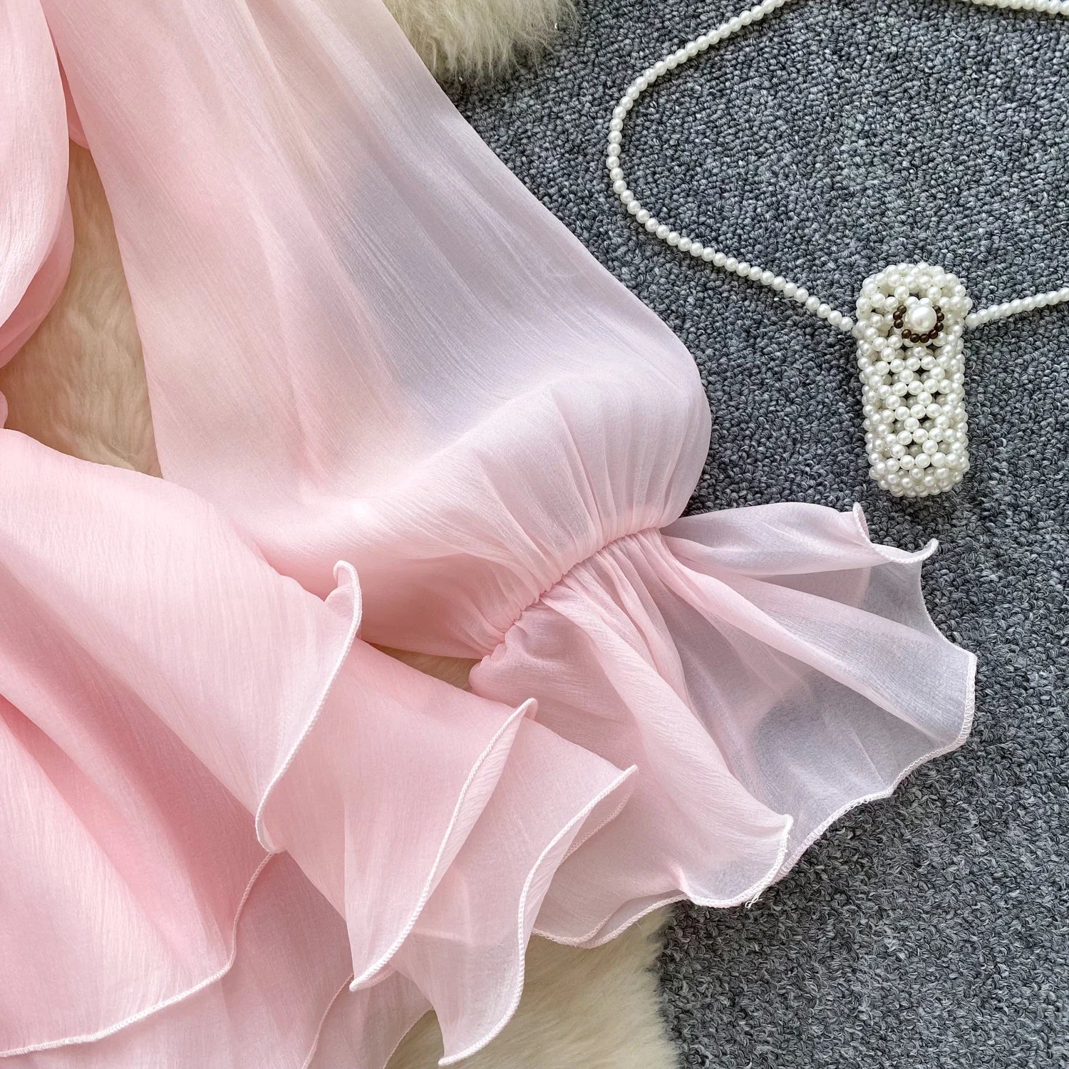 Boho 3D Floral Chiffon Sundress With Long Sleeves Lace Up Ruffle Detail