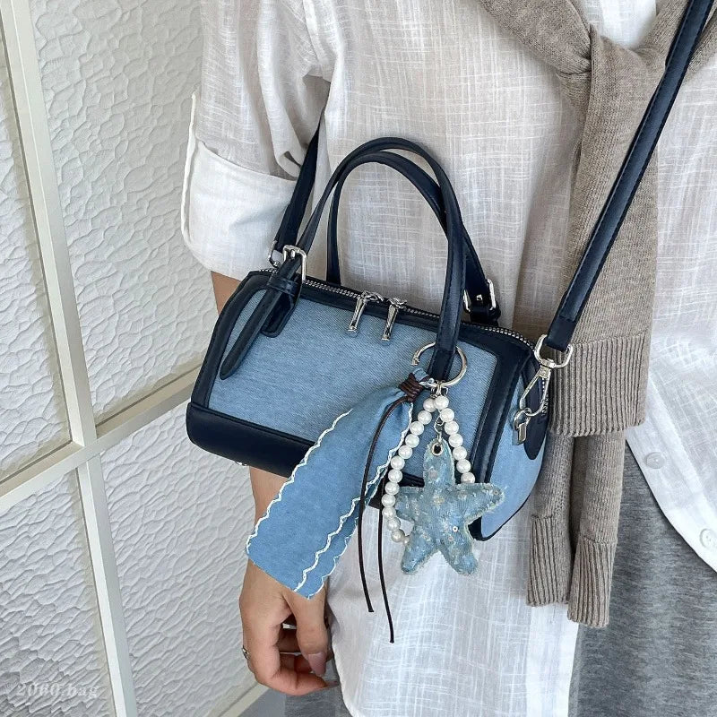 Denim Crossbody Bag With Embroidered Ruched Detailing And Subtle Rivet Accents