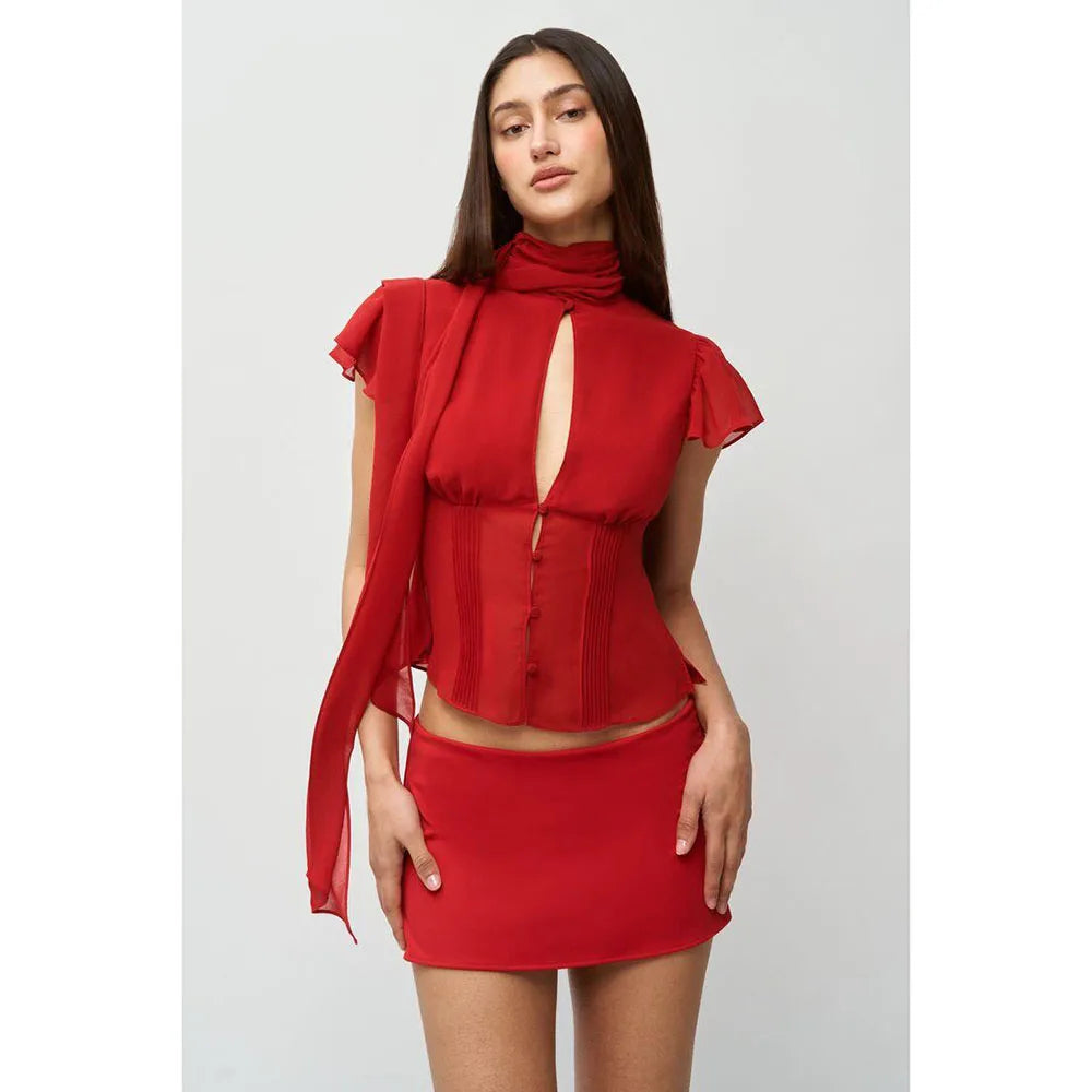 Sexy Red High Neck Short Sleeves Hollow Out Gown