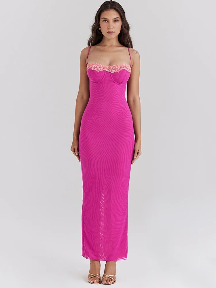 Lace Spaghetti Strap Bodycon Maxi Dress With Patchwork Backless