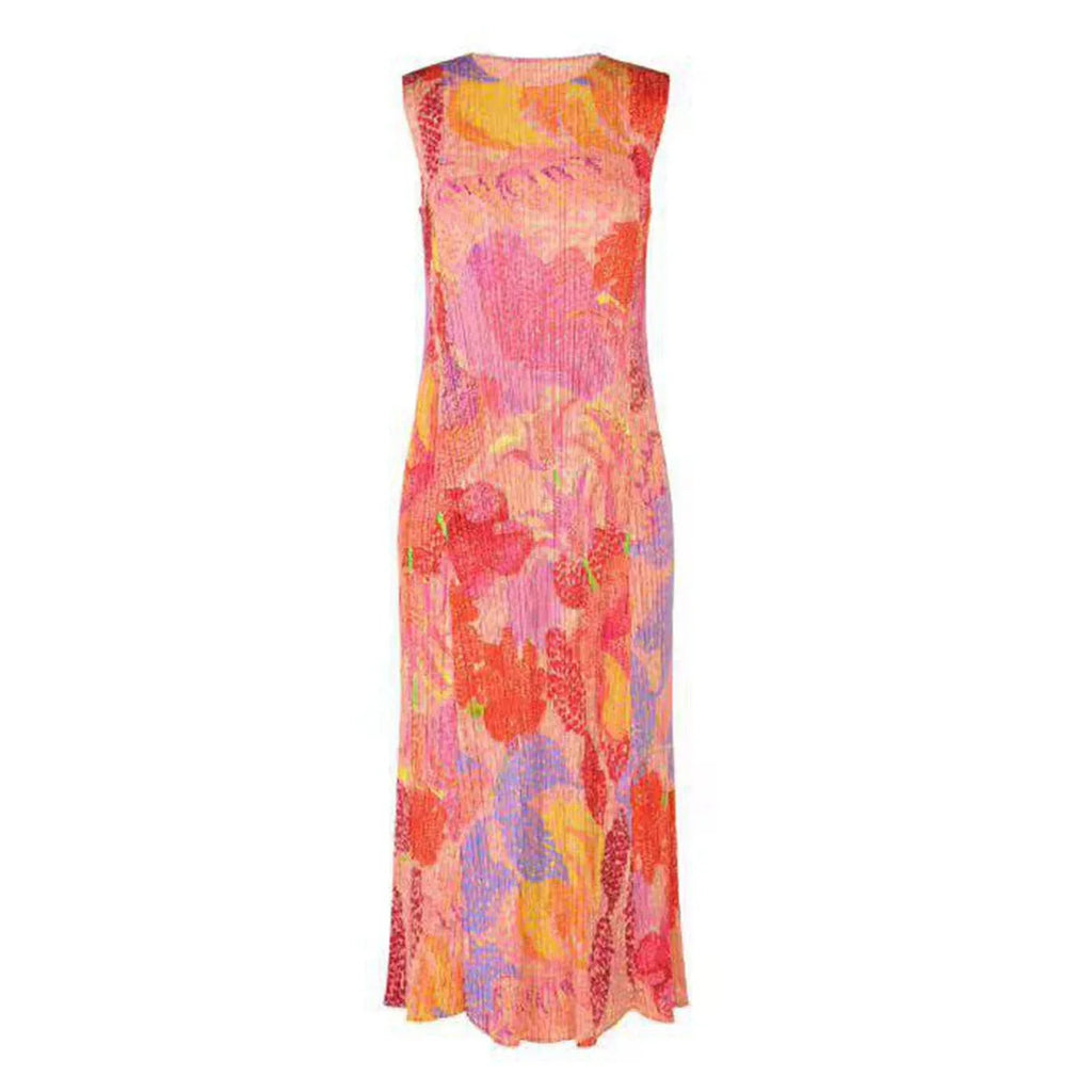 Japanese Style Pleated Print Dress Round Neck Sleeveless Loose Fit