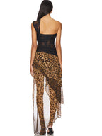 Leopard Patchwork Lace Dress One Shoulder With Ruffle Sheer Elegance