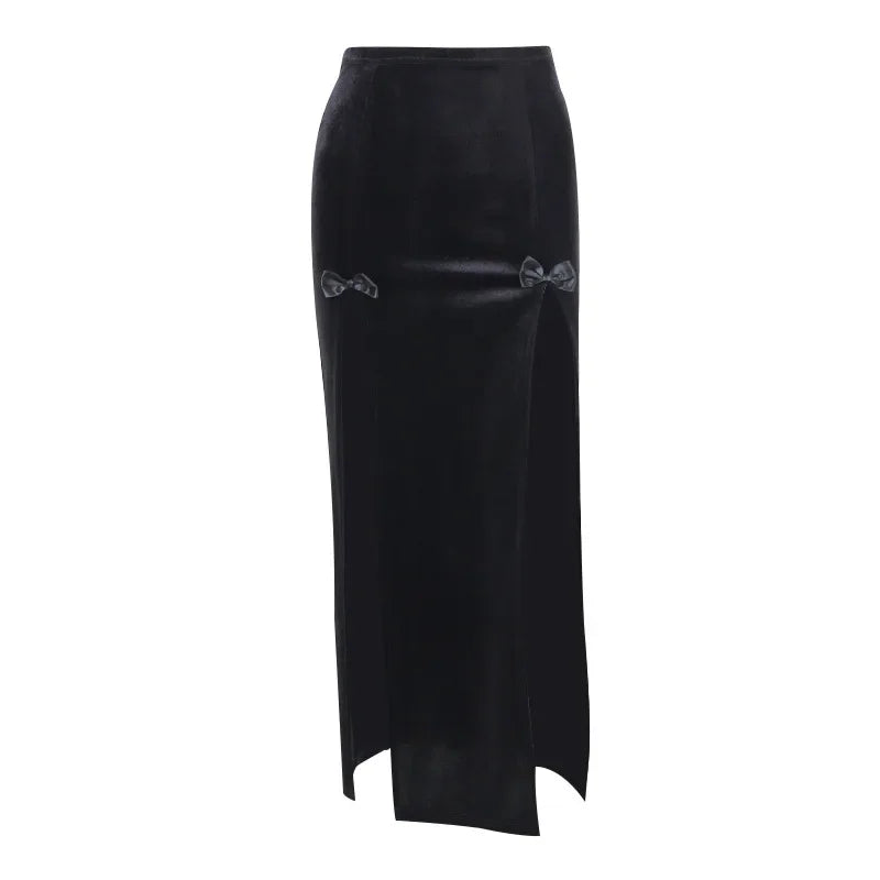 Punk High Waist Skirt With Bow Side Split Knee Length