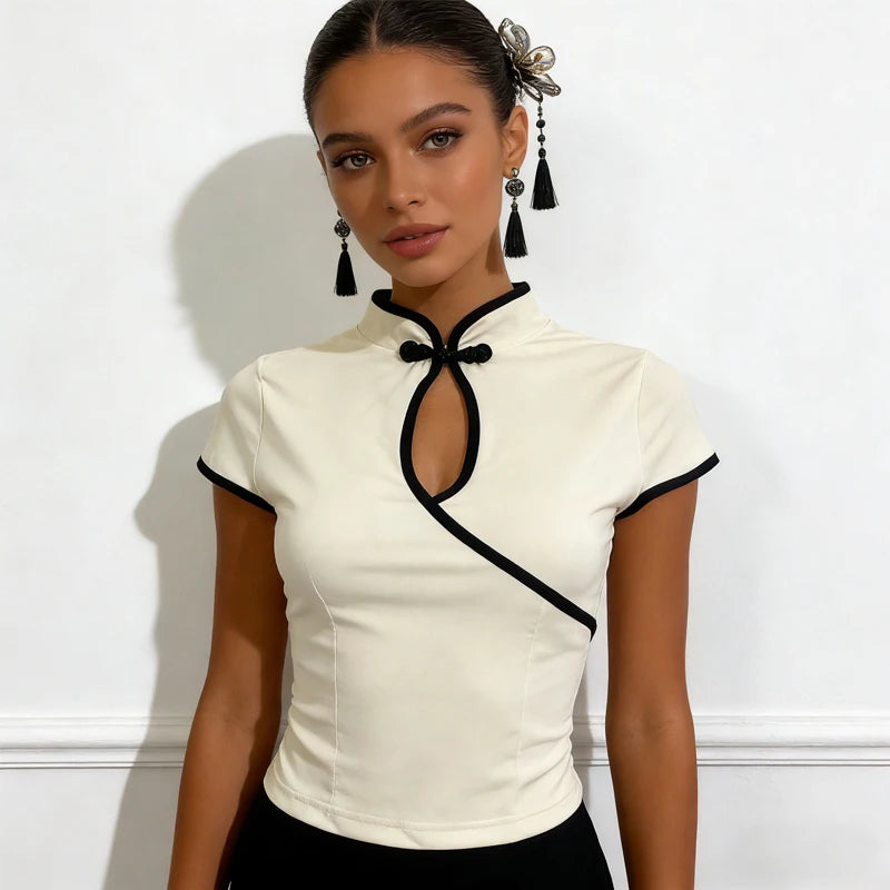Ladies Blouse With Mandarin Collar Short Sleeve Crop Top Keyhole Frog Button Vintage Asymmetrical Design