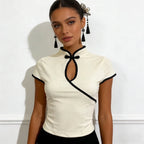 Ladies Blouse With Mandarin Collar Short Sleeve Crop Top Keyhole Frog Button Vintage Asymmetrical Design