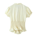 Lightweight Blouse With Puff Sleeves Tie Neck Ruffle Collar Retro Style