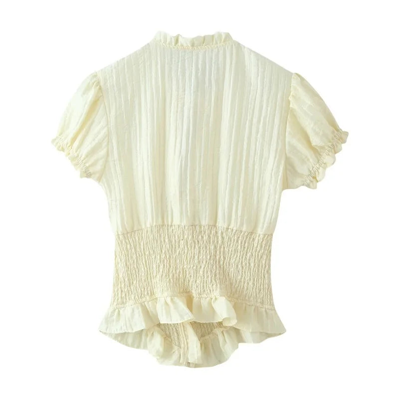 Lightweight Blouse With Puff Sleeves Tie Neck Ruffle Collar Retro Style