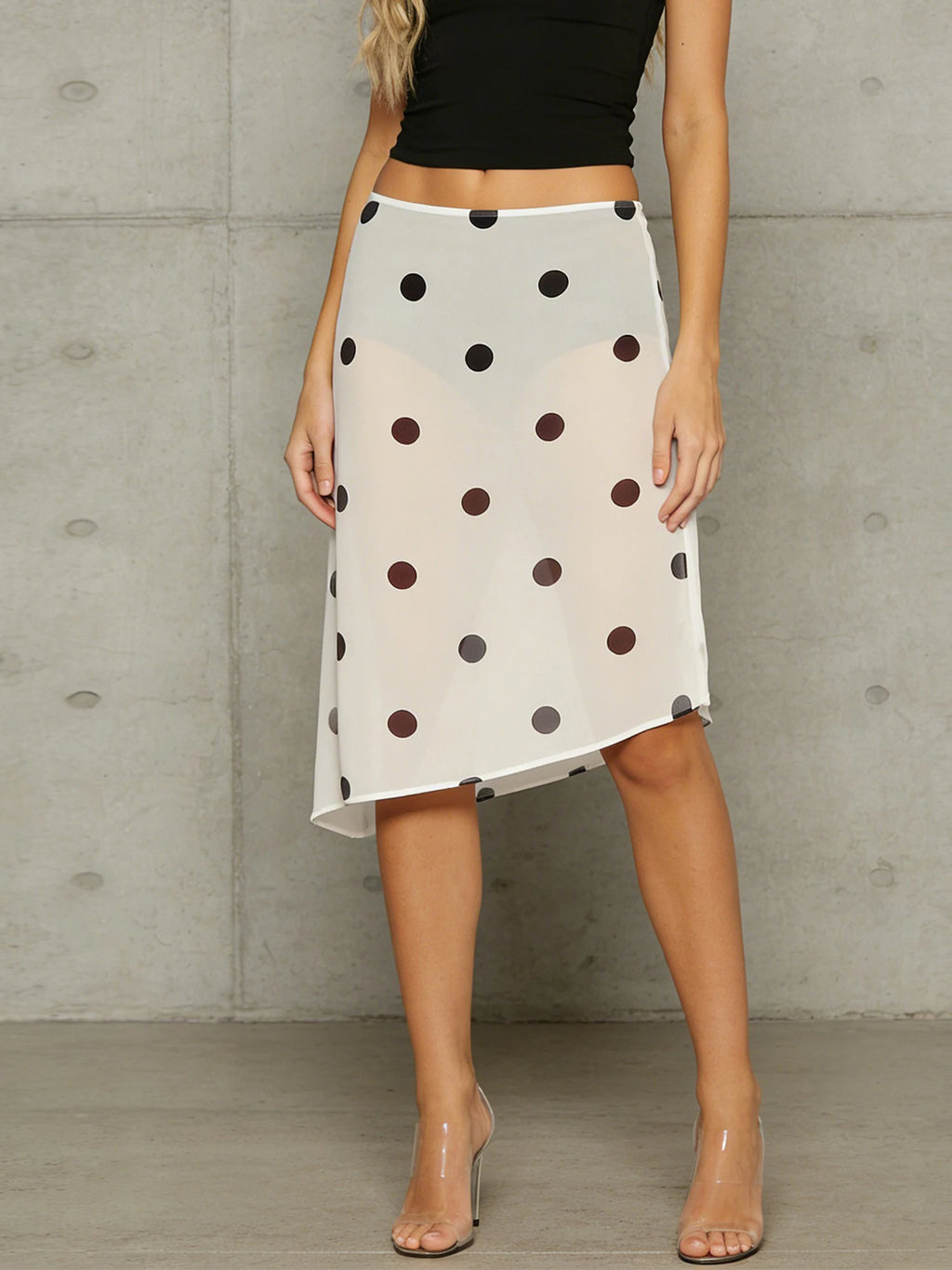 Retro Sheer Chiffon Dot Print Midi Skirt With Asymmetrical Hem