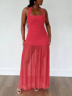 Nibber See Through Hem Halter Maxi Dress Backless Patchwork Bodycon
