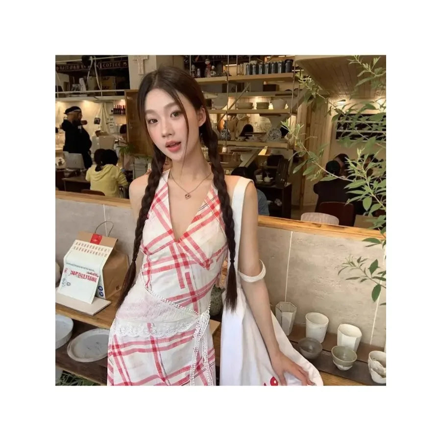 Red Plaid Sleeveless Dress With High Waist A Line Maxi French Style Inspired