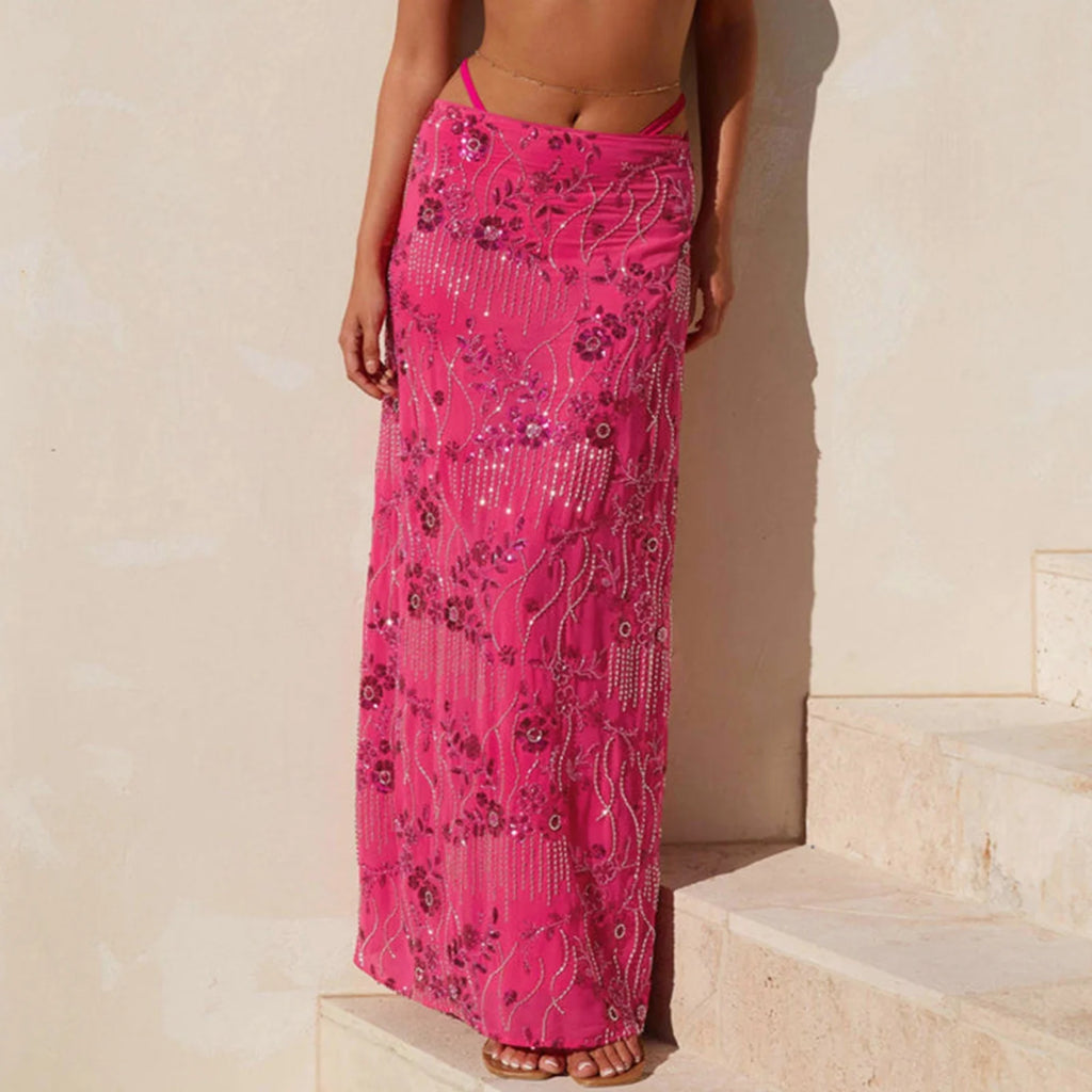 Elegant Beaded Sequin Maxi Skirt With Floral Embroidery