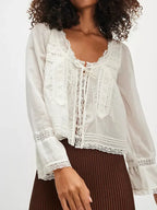 White Lace-up Women Blouse Cotton Bohemian Lace Splice Hollow out U Neck Lightweight Shirt