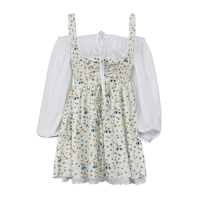 Floral Patchwork Mini Dress With Off Shoulder Square Collar Two Piece Look A Line