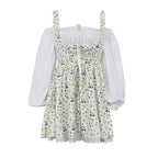Floral Patchwork Mini Dress With Off Shoulder Square Collar Two Piece Look A Line