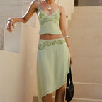 Chic Floral Two Piece Set With V Neck Cami Top And Asymmetrical Midi Skirt Lightweight Satin