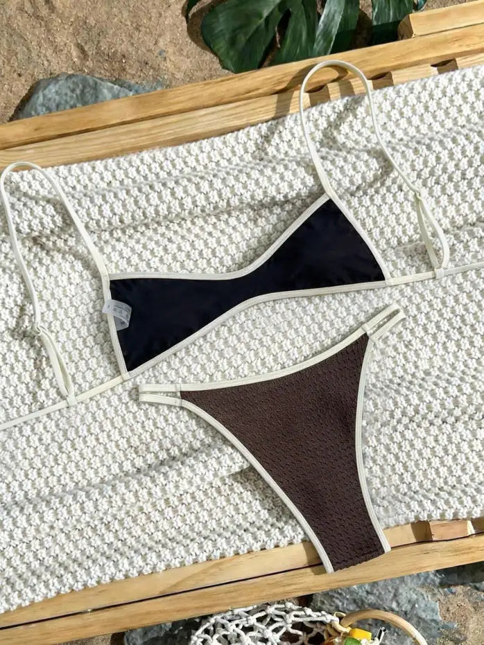 Sexy Micro Print Patchwork Bikini Set Women Pleated Push Up Bra Hollow Out Thong Swimsuit