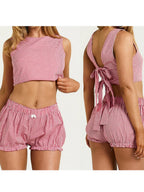 Plaid Set With Tie Back Sleeveless Crop Top And Mini Ruffle Shorts Two-piece