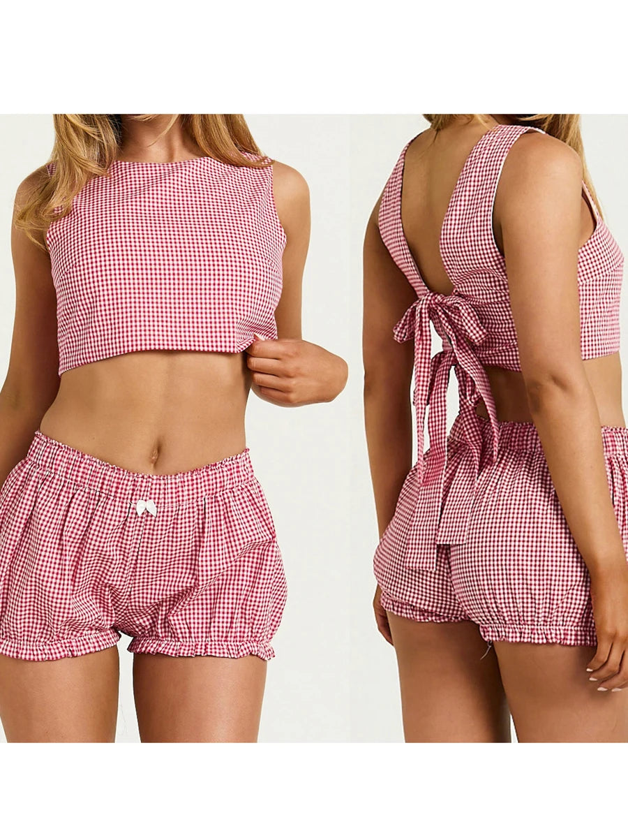 Plaid Set With Tie Back Sleeveless Crop Top And Mini Ruffle Shorts Two-piece