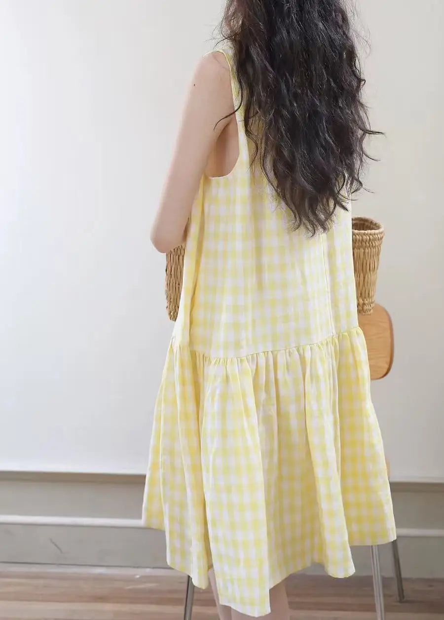 Sunny Plaid Cotton Dress Sleeveless Round Neck Vacation Dress