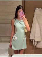 Lady 3D Flower Sleeveless Mini Dress Light Green