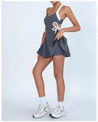 Tennis Dress Women with Separate Shorts White Contrast Hollowed Out Drawstring Side Sports Yoga Dress Training Running Fitness