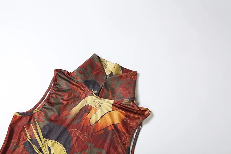 Backless Romper Women Sexy Button Turtleneck Sleeveless Ruched Vintage Cartoon Print Stretch Skinny Club Playsuit