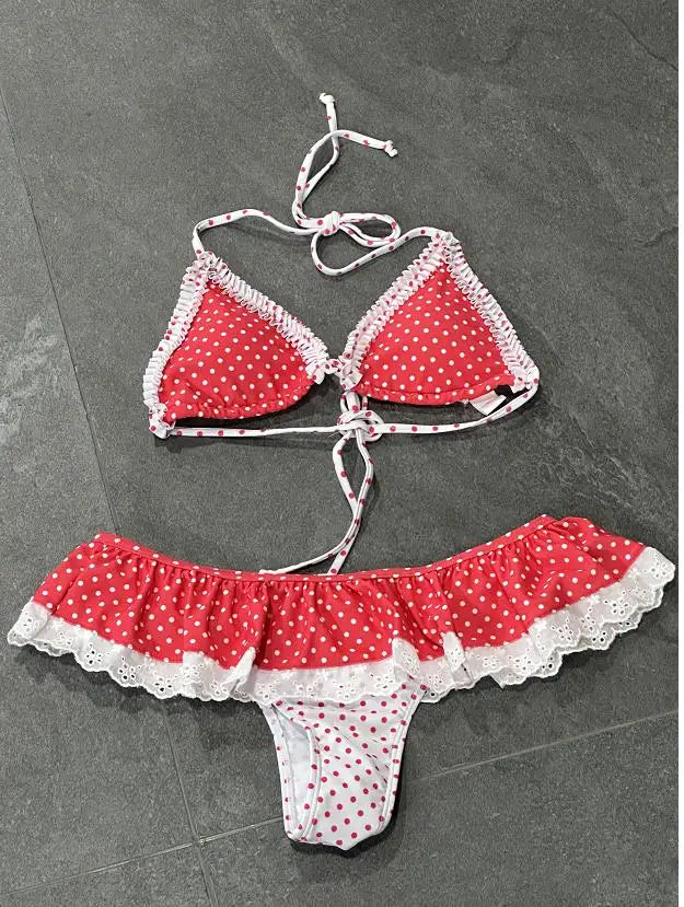 Polka Dot Halter Bikini Set With Ruffle Skirt Bottoms Two Piece Beach Swimsuit For Summer