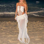 Ruffled Hollow Strapless Long Gown With Pleated Stitching Dress