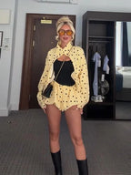 Yellow Polka Dot Pleated Set With Balloon Shorts And Cropped Top