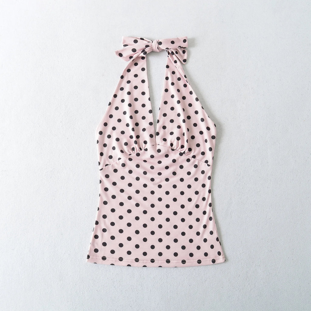 Hot Girl Spicy Two-Piece  Retro Polka Dot Necktie Top Satin High Waist Short Skirt Set