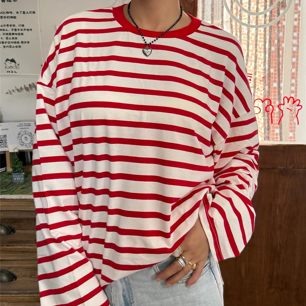 Vintage Luxe Relaxed Striped Tunic Top For Women Long Sleeve Round Neck