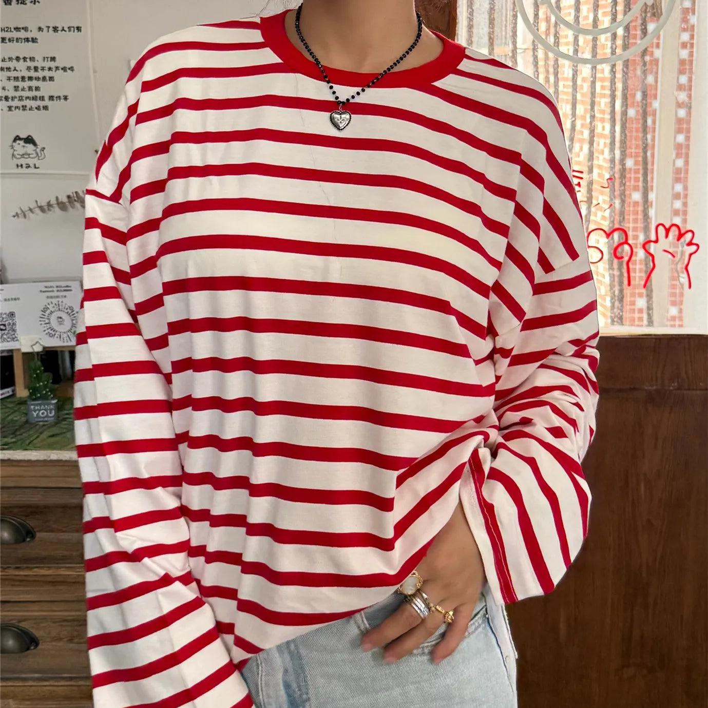 Vintage Luxe Relaxed Striped Tunic Top For Women Long Sleeve Round Neck