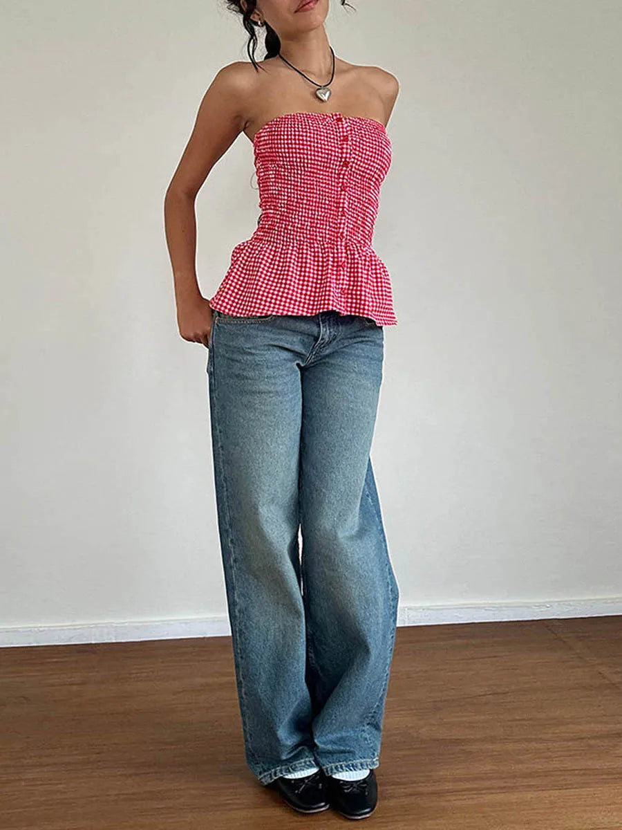 Retro Gingham Crop Top In Plaid Strapless Sleeveless Cami With Ruffle Hem
