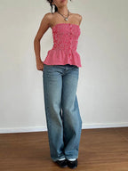 Retro Gingham Crop Top In Plaid Strapless Sleeveless Cami With Ruffle Hem